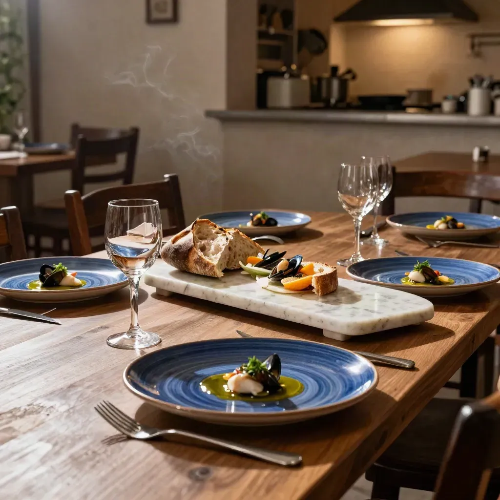 Tavolo di ristorante mediterraneo apparecchiato con piatti di mare, pane e bicchieri, sala vuota sul fondo