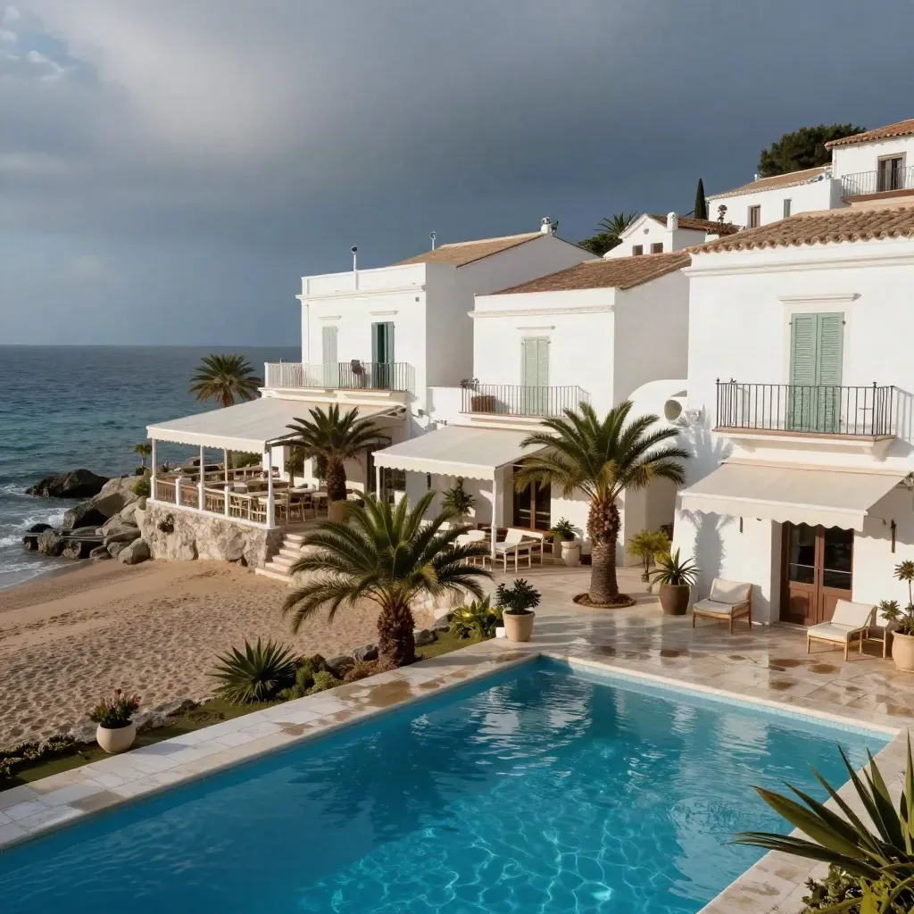 Villaggio costiero bianco con piscina, palme basse e mare al tramonto, vuoto e luminoso