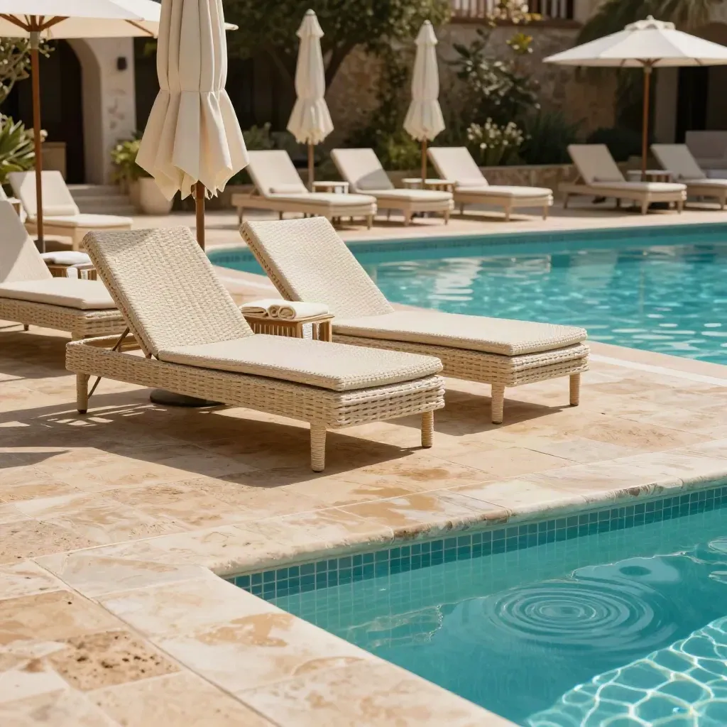 Bordo piscina con lettini impilati, ombrelloni chiusi e acqua calma in luce estiva.