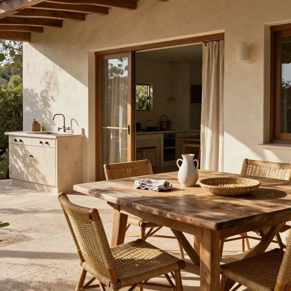 Veranda di bungalow con tavolo in legno, sedie intrecciate e tenda mossa dal vento