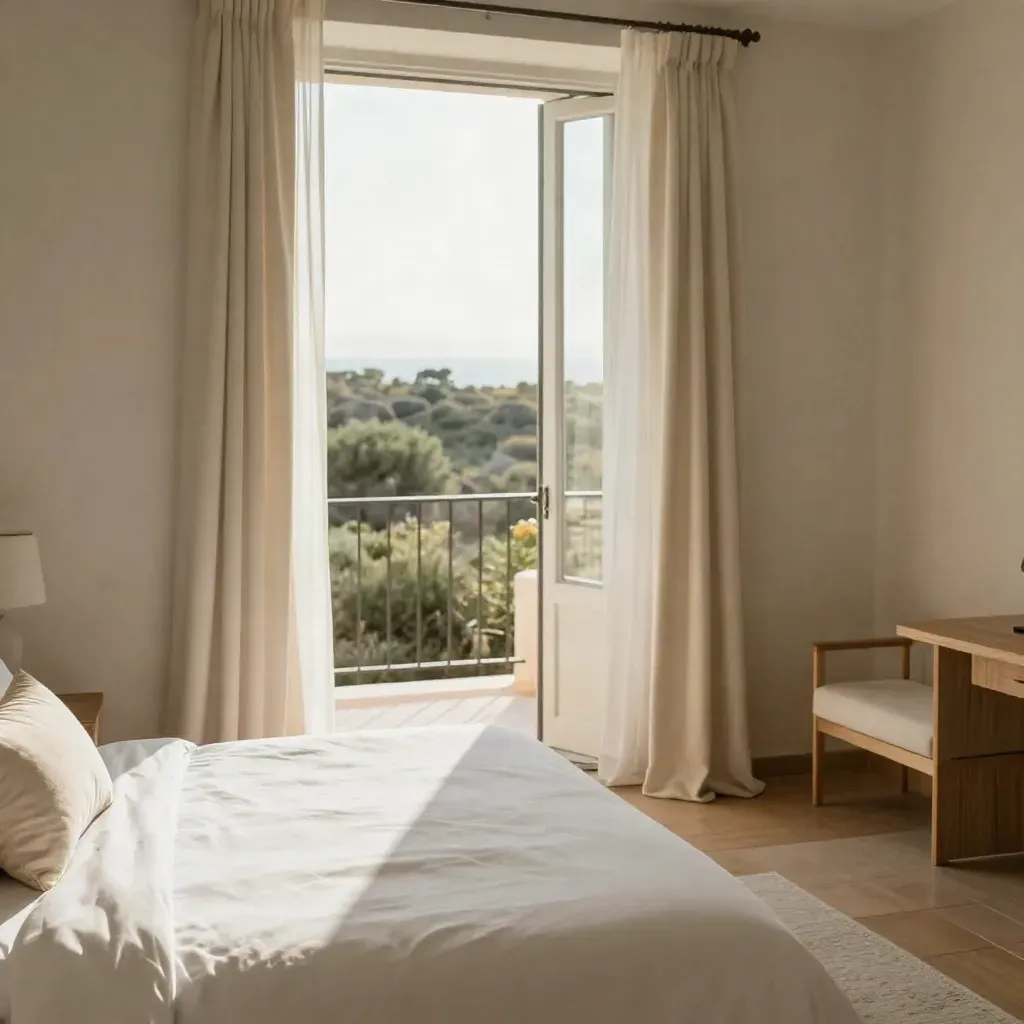 Suite matrimoniale luminosa con letto rifatto, tende aperte e balcone sul verde mediterraneo.