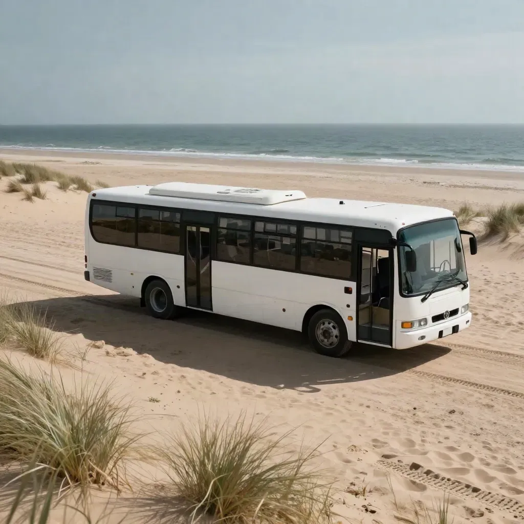 Navetta mare bianca su sentiero sabbioso con dune e mare, porte aperte e ombra lunga.