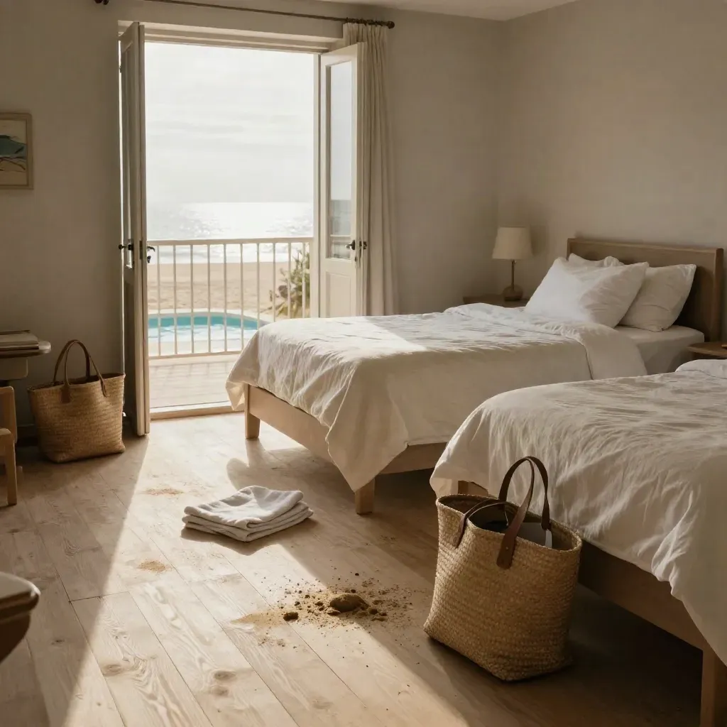 Camera familiare ordinata con letto matrimoniale, letto singolo e piscina visibile dalla portafinestra