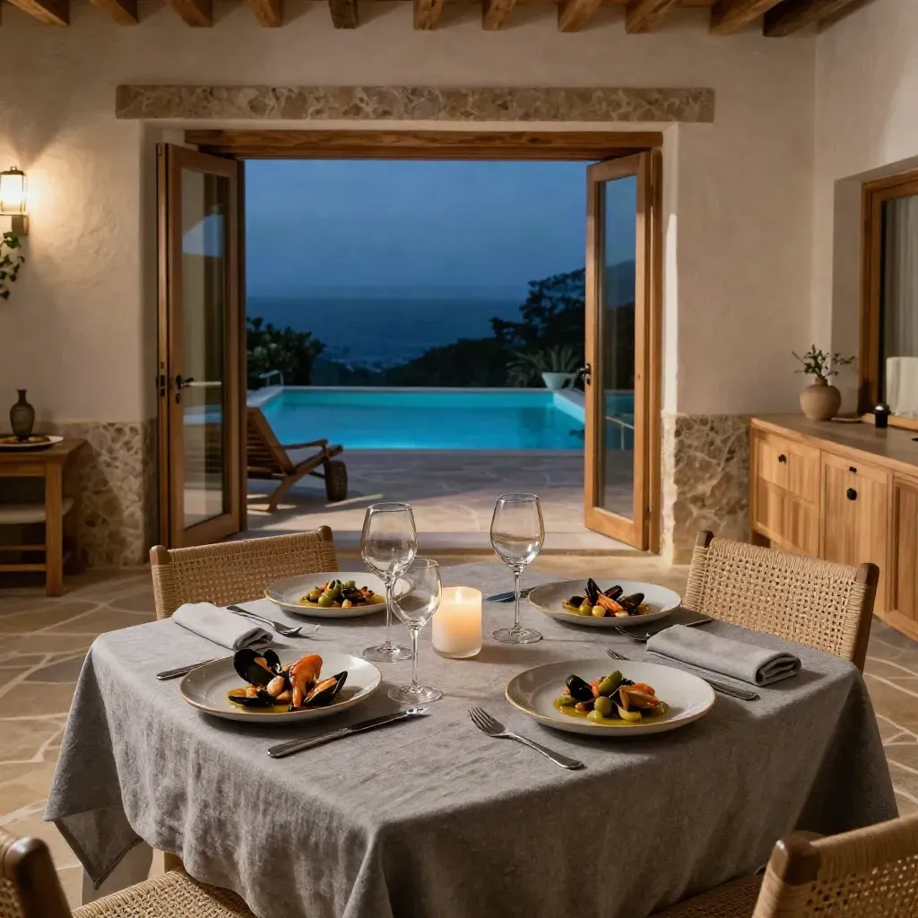 Suite vista mare con tavolo apparecchiato per cena e piscina in lontananza al crepuscolo