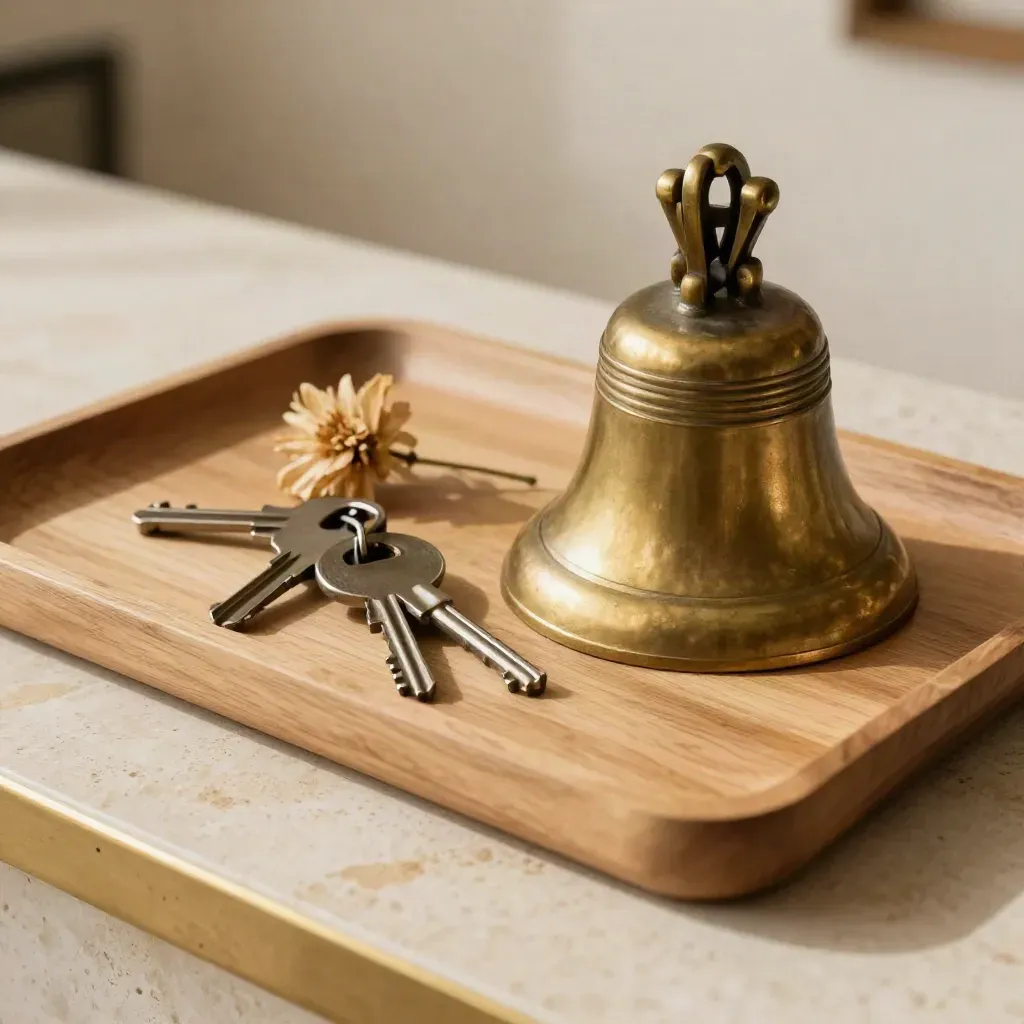 Campanello in ottone, chiavi e vassoio di legno su pietra chiara, in attesa dell’accoglienza.