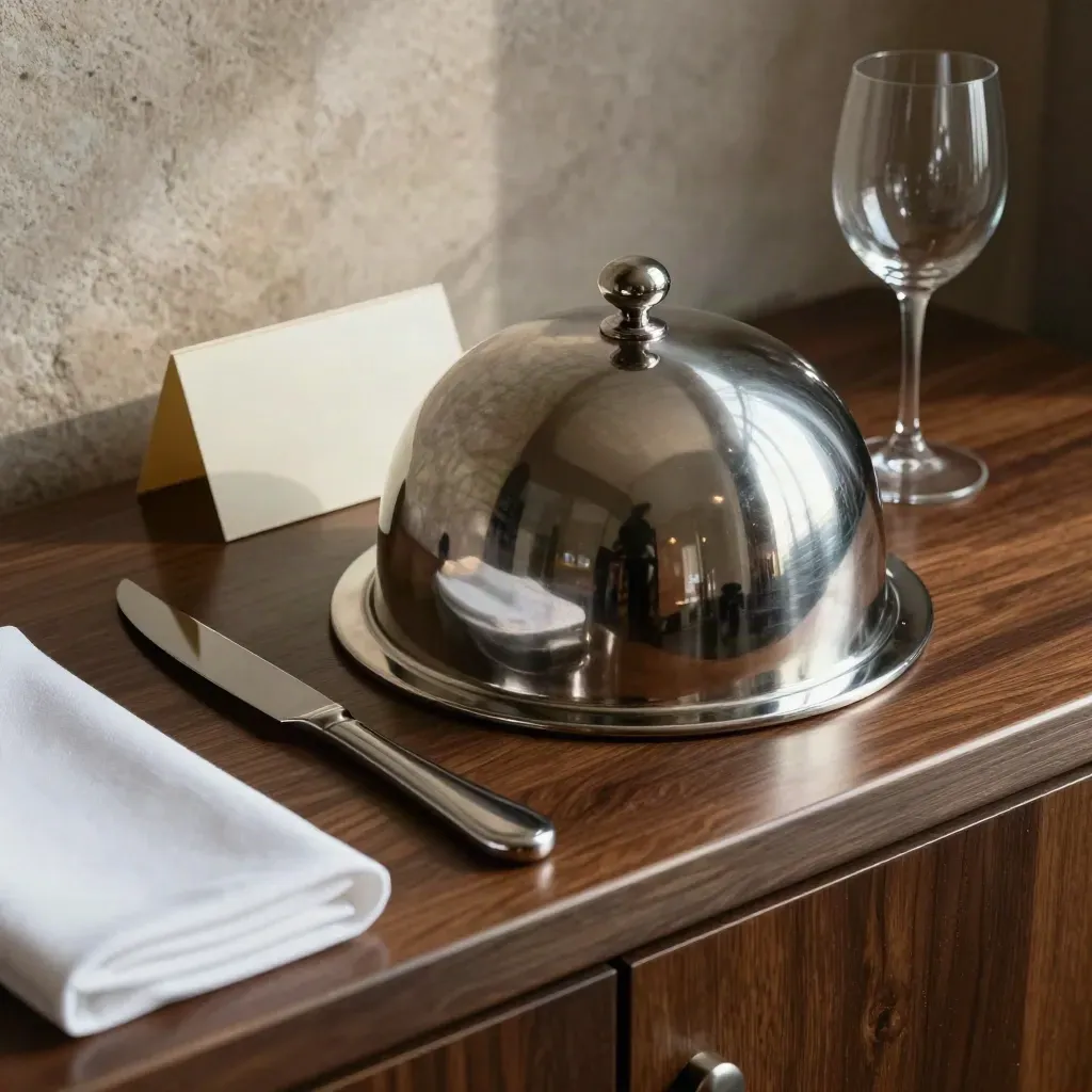 Cloche d’acciaio, coltelli da servizio, pinza, bicchiere e tovagliolo su banco scuro.