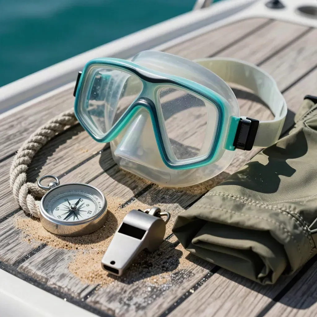 Maschera da snorkeling, cima arrotolata, bussola, fischietto e tessuto tecnico su teak marino.