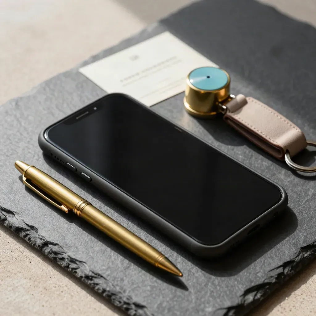 Smartphone, penna in ottone, buzzer reception e portachiavi su piano scuro