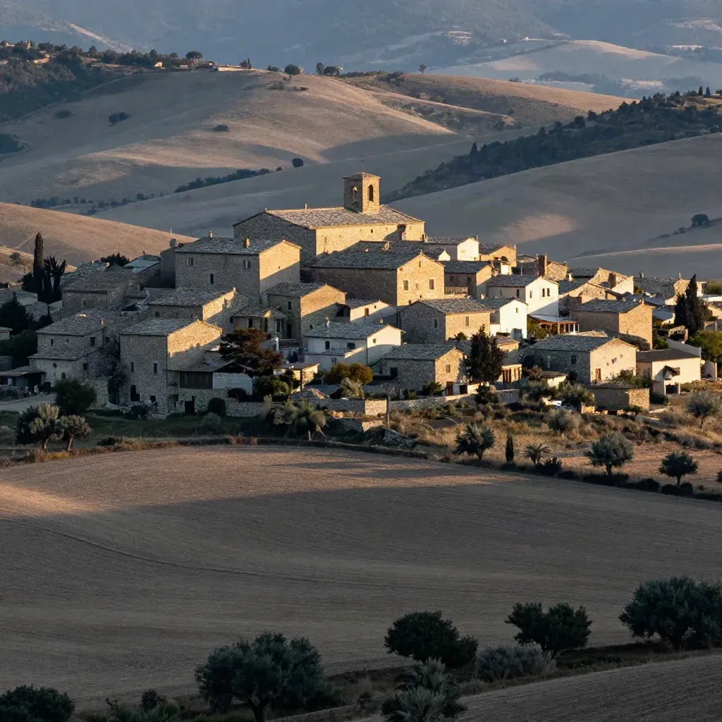 Borghi in pietra dell’Alta Gallura su crinale, con colline e querce da sughero nella luce calda.