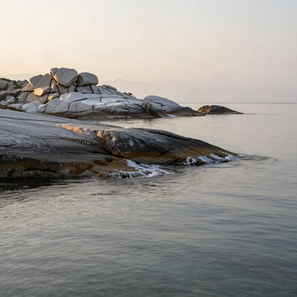 Scogli granitici e mare calmo del Nord Est Sardegna con arcipelago lontano al tramonto